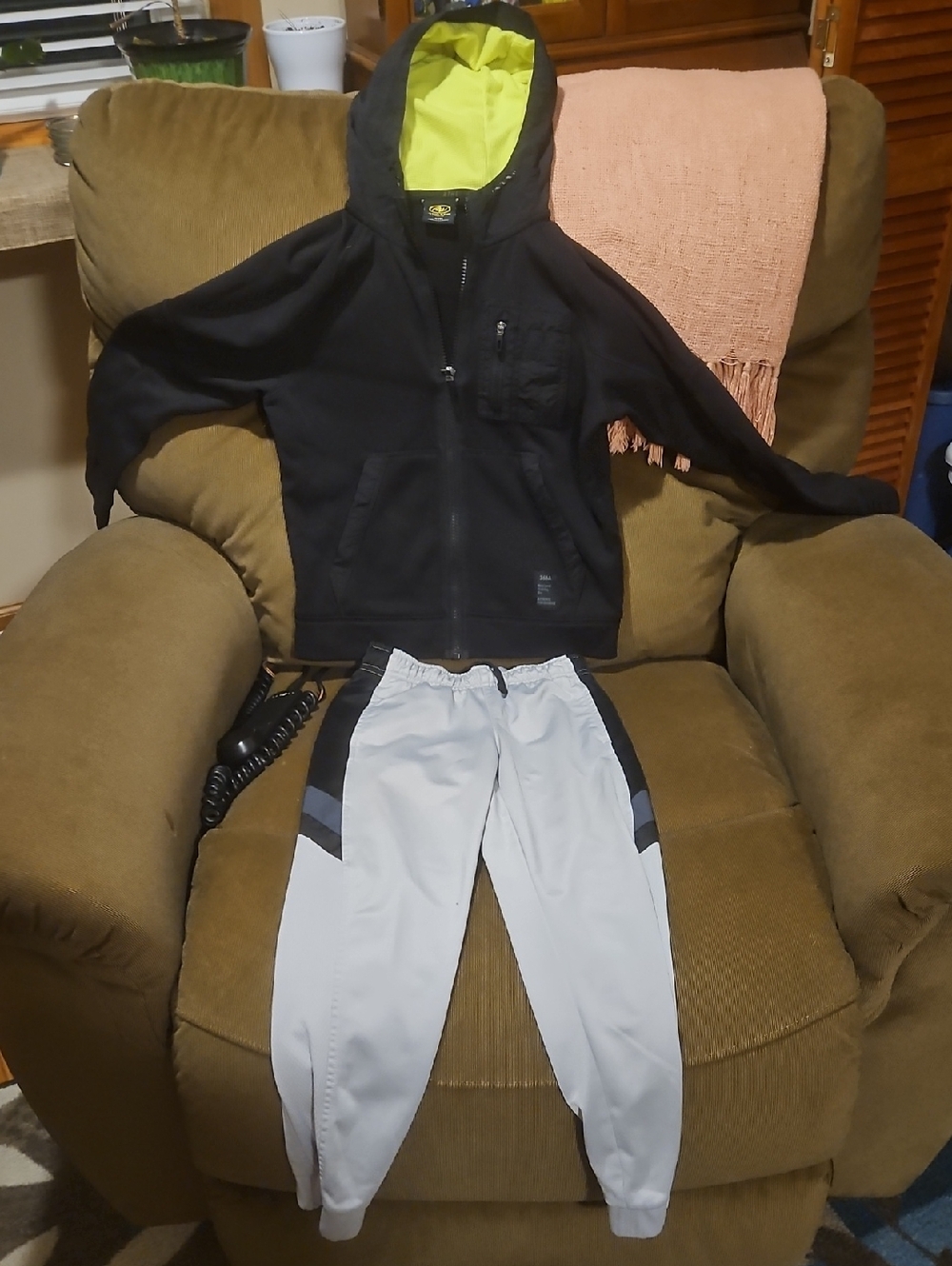 Athletic Works Black Hoodie with Lime Lining and Light Gray Joggers